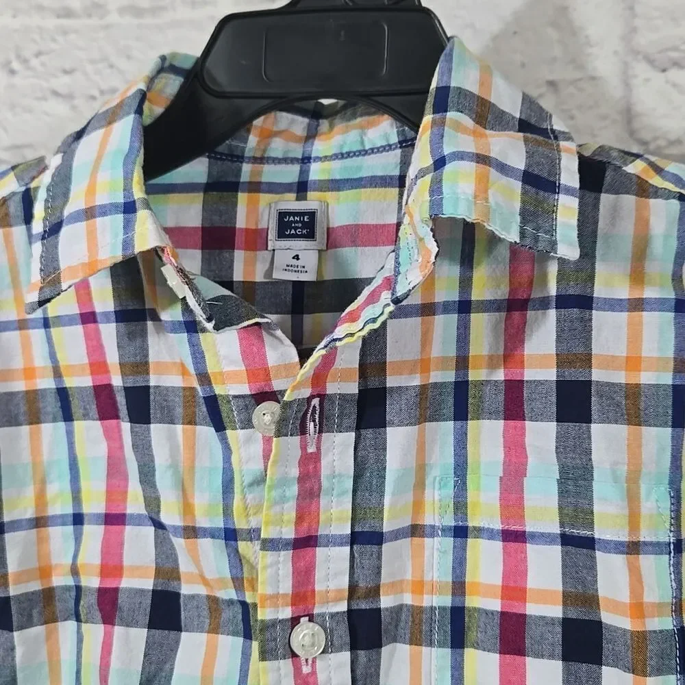Janie & Jack Boy White Madras Plaid Long Sleeve Button Down Shirt Toddler Cotton